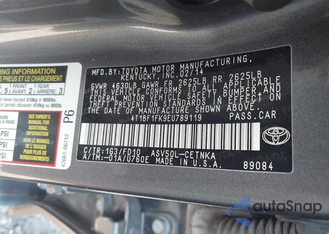 2014 Toyota Camry Le z USA, uszkodzony, nr VIN 4T1BF1FK9EU789119